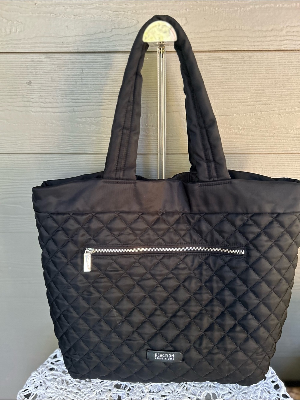 Kenneth Cole Reaction Quilted Black Nylon Tote with Front Zip and snap closure